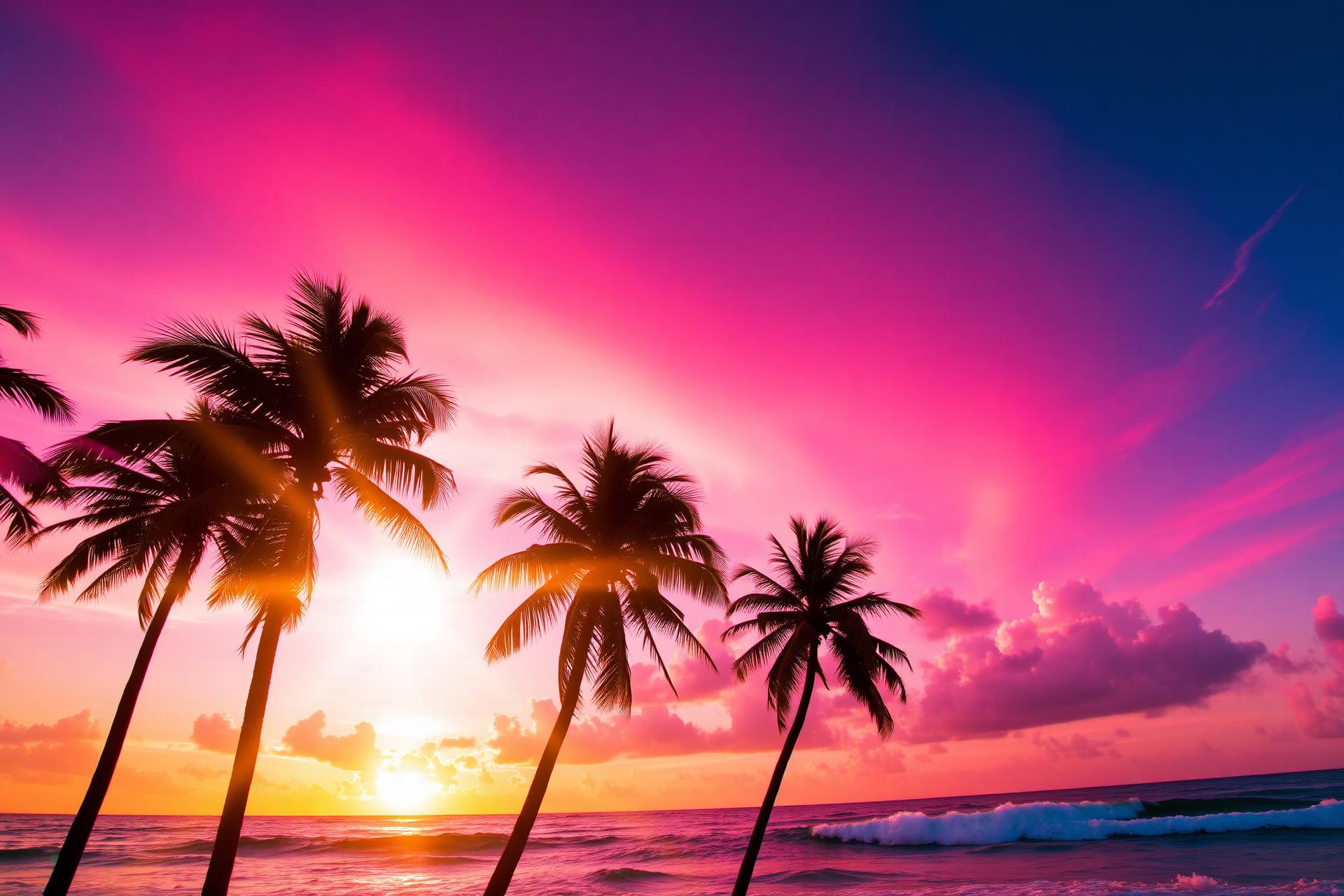 Atardecer tropical de Miami con palmeras
